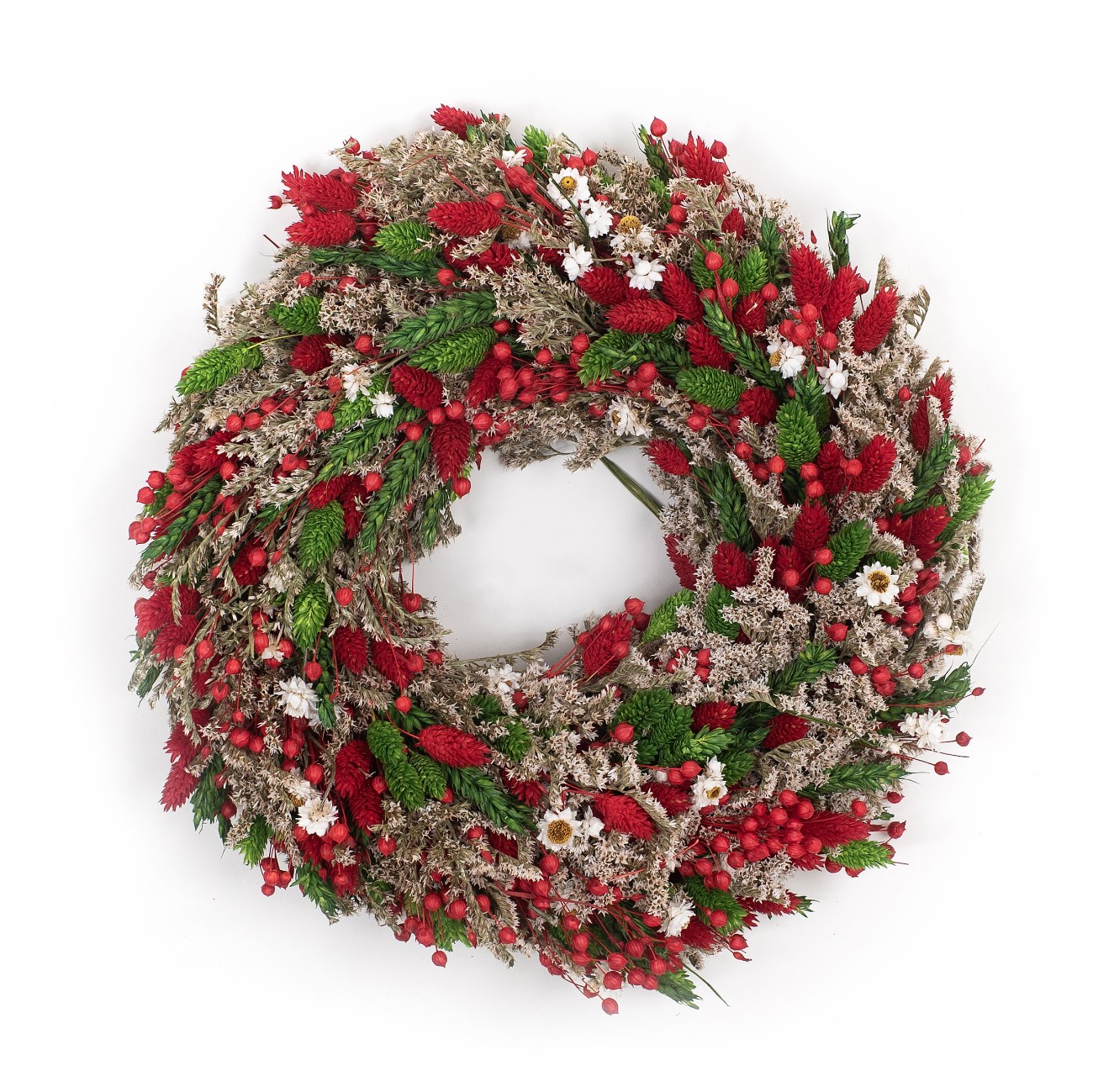 Weihnachtskranz aus getrockneten Blumen 30 cm – grün & rot 
