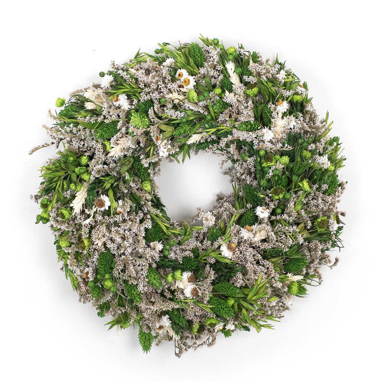 Weihnachtskranz aus getrockneten Blumen 30 cm – grün  & weiß